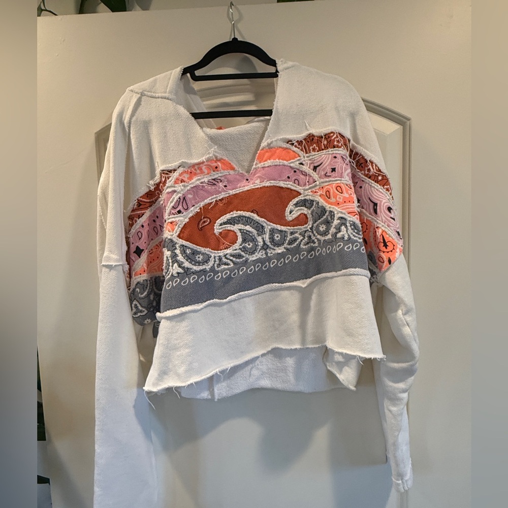 Free People Patchwork Bandana Cropped Pullover Sweater Size L